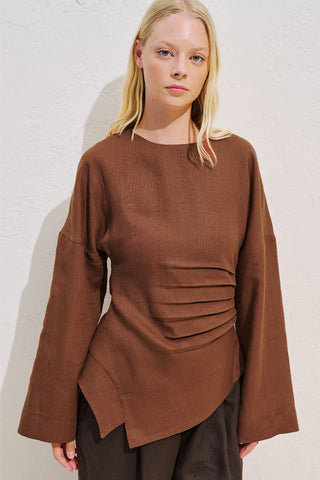 Linen Asymmetric Long Sleeve Blouse Copper