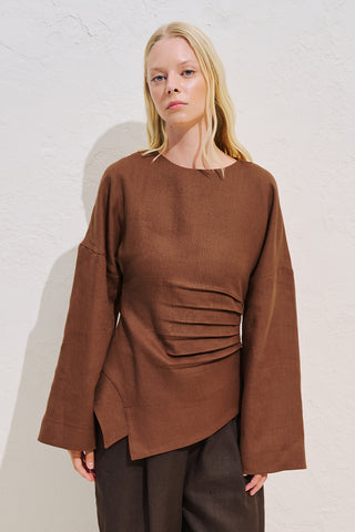 Linen Asymmetric Long Sleeve Blouse Copper