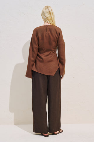 Linen Asymmetric Long Sleeve Blouse Copper