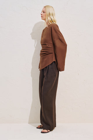 Linen Asymmetric Long Sleeve Blouse Copper
