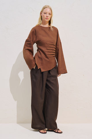 Linen Asymmetric Long Sleeve Blouse Copper