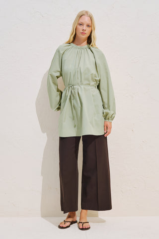 Belted Balloon Sleeve Tunic Pistachio