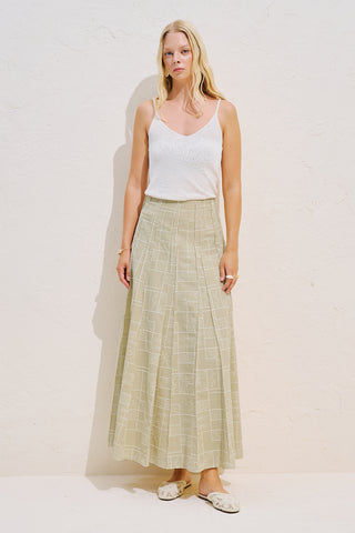 Embroidered Panelled Flared Skirt Beige