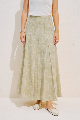Embroidered Panelled Flared Skirt Beige
