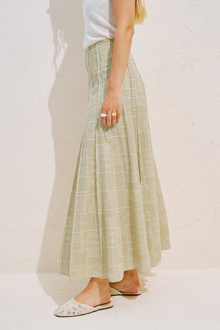 Embroidered Panelled Flared Skirt Beige