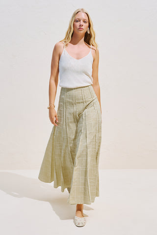 Embroidered Panelled Flared Skirt Beige