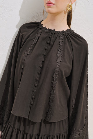 Voluminous Shirt With Lace Sleeves Dark Brown