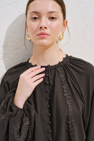 Voluminous Shirt With Lace Sleeves Dark Brown