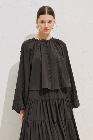 Voluminous Shirt With Lace Sleeves Dark Brown