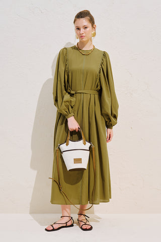 Wide Sleeve Maxi Dress With Trim Detail Olive Green
