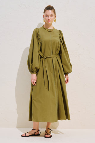 Wide Sleeve Maxi Dress With Trim Detail Olive Green