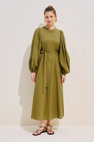 Wide Sleeve Maxi Dress With Trim Detail Olive Green