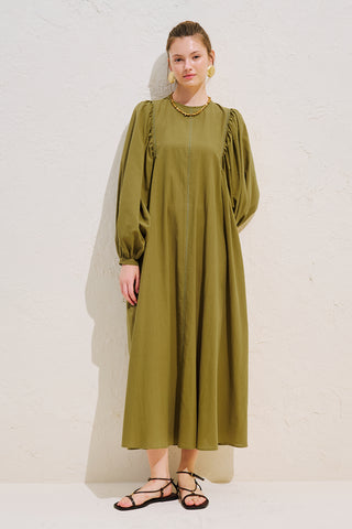 Wide Sleeve Maxi Dress With Trim Detail Olive Green