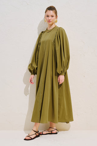 Wide Sleeve Maxi Dress With Trim Detail Olive Green