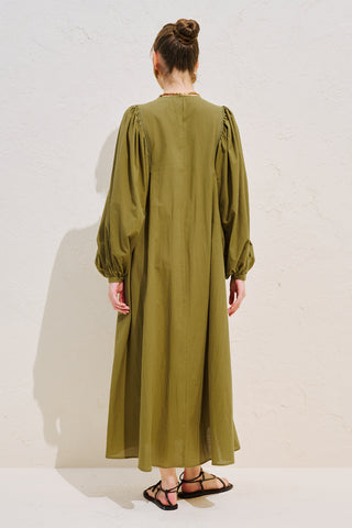 Wide Sleeve Maxi Dress With Trim Detail Olive Green