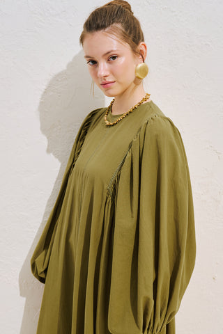 Wide Sleeve Maxi Dress With Trim Detail Olive Green