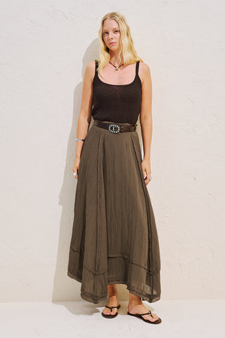 Asymmetric Panelled Draped Skirt Brown