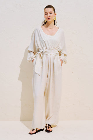 Linen Blend Jumpsuit With Adjustable Waist Natural