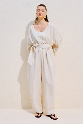 Linen Blend Jumpsuit With Adjustable Waist Natural