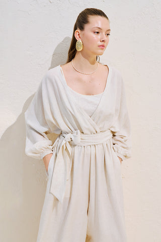 Linen Blend Jumpsuit With Adjustable Waist Natural