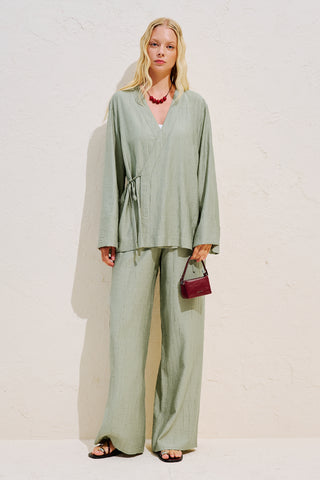 Textured Tie Detail Kimono Blouse Green