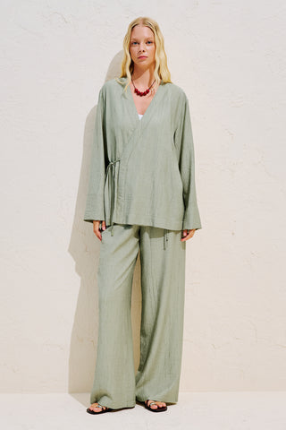Textured Tie Detail Kimono Blouse Green