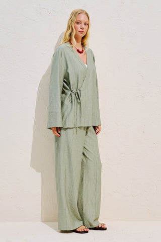 Textured Tie Detail Kimono Blouse Green