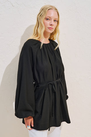 Textured Draped Balloon Sleeve Tunic Black