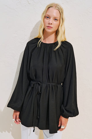 Textured Draped Balloon Sleeve Tunic Black