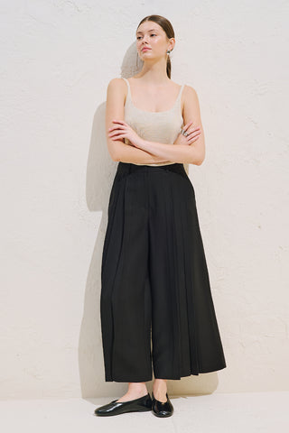Linen Blend Wide Pleated Trousers Black