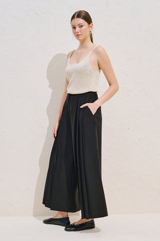 Linen Blend Wide Pleated Trousers Black