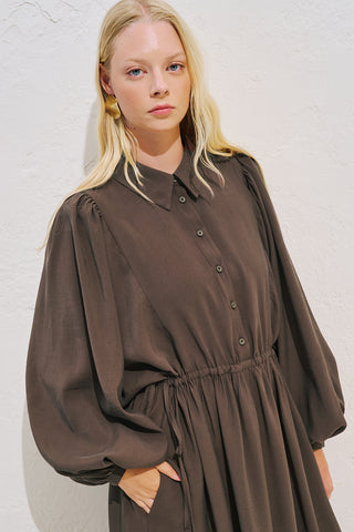 Draped Balloon Sleeve Dress With Adjustable Waist Dark Brown