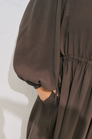 Draped Balloon Sleeve Dress With Adjustable Waist Dark Brown