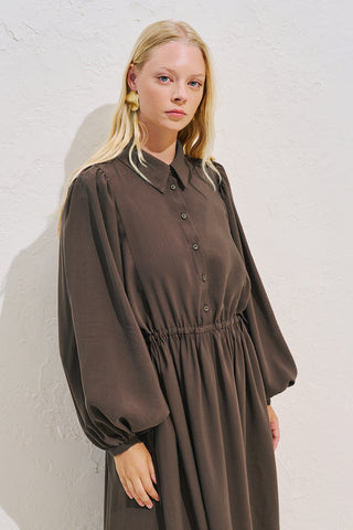 Draped Balloon Sleeve Dress With Adjustable Waist Dark Brown