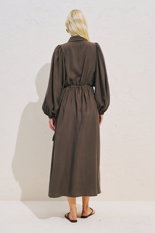 Draped Balloon Sleeve Dress With Adjustable Waist Dark Brown