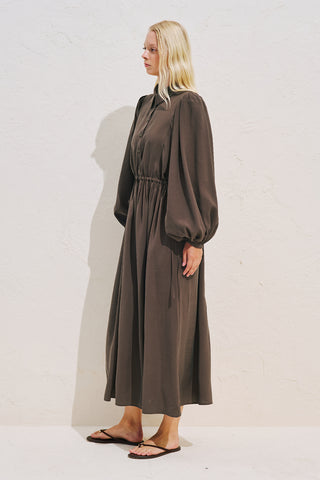 Draped Balloon Sleeve Dress With Adjustable Waist Dark Brown