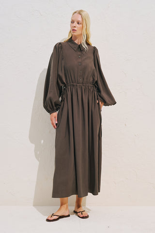 Draped Balloon Sleeve Dress With Adjustable Waist Dark Brown