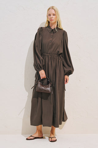Draped Balloon Sleeve Dress With Adjustable Waist Dark Brown