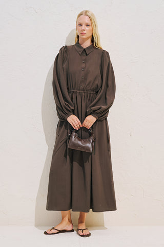 Draped Balloon Sleeve Dress With Adjustable Waist Dark Brown – Manuka Global