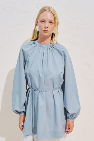 Belted Balloon Sleeve Tunic Blue