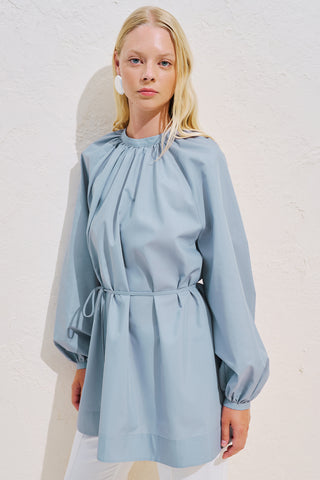 Belted Balloon Sleeve Tunic Blue