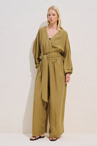 Linen Blend Jumpsuit With Adjustable Waist Saffron