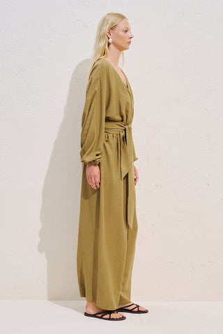 Linen Blend Jumpsuit With Adjustable Waist Saffron