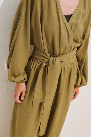 Linen Blend Jumpsuit With Adjustable Waist Saffron