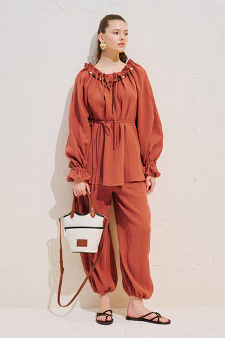 Gathered Neck Muslin Blouse Orange