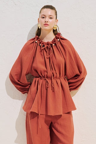 Gathered Neck Muslin Blouse Orange