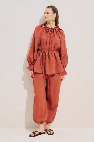 Gathered Neck Muslin Blouse Orange