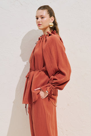 Gathered Neck Muslin Blouse Orange