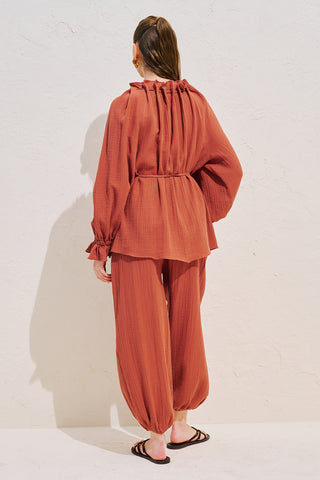 Gathered Neck Muslin Blouse Orange