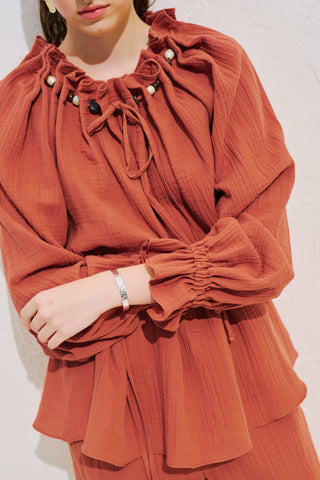 Gathered Neck Muslin Blouse Orange